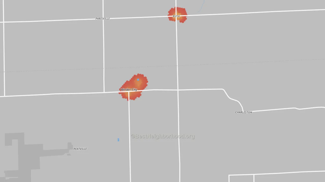 Walk Grade map of 48456, MI, walkable areas in green and car-dependent areas in red