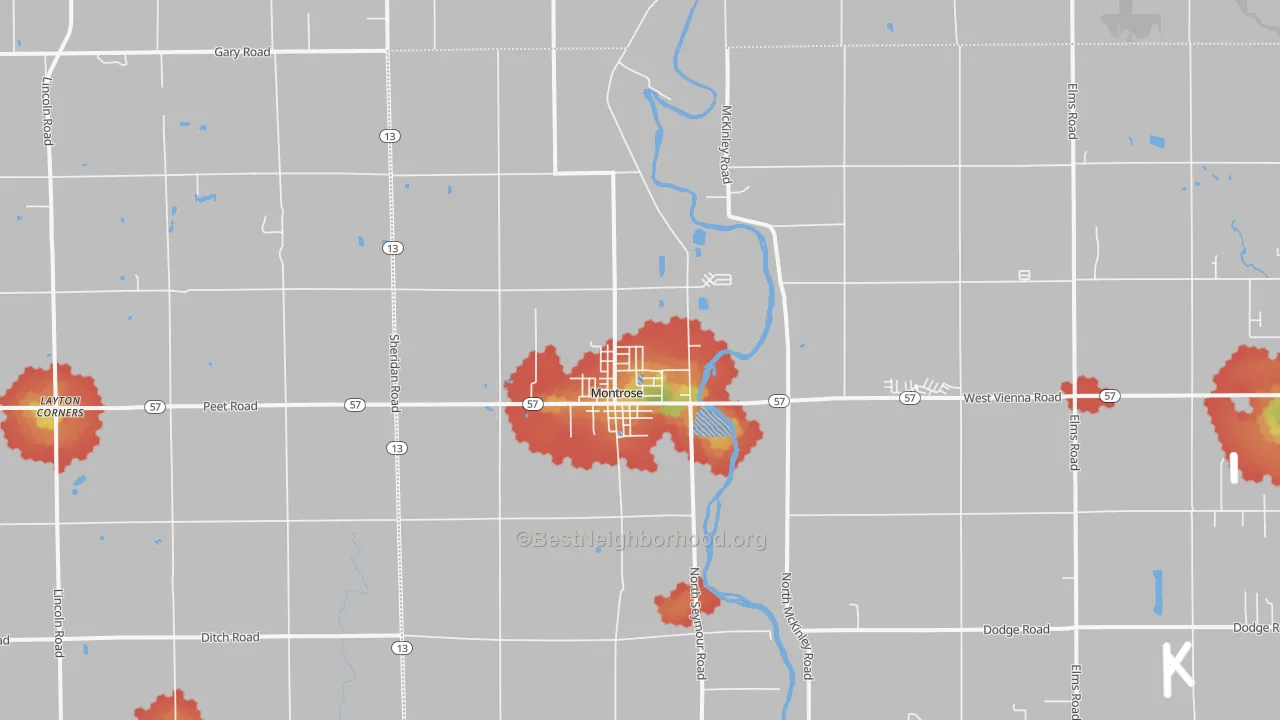 Walk Grade map of 48457, MI, walkable areas in green and car-dependent areas in red
