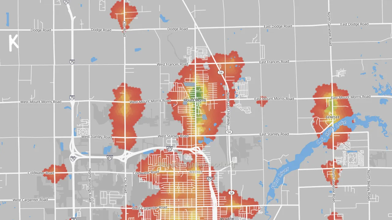 Walk Grade map of 48458, MI, walkable areas in green and car-dependent areas in red