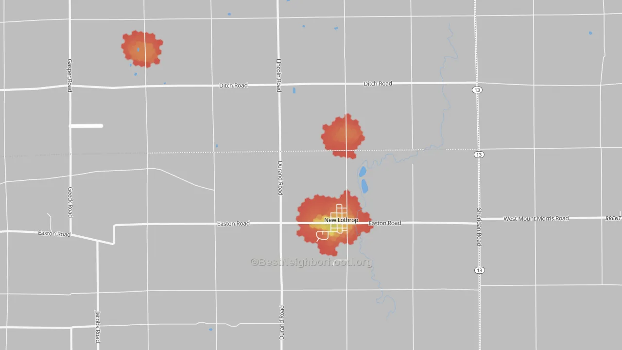 Walk Grade map of 48460, MI, walkable areas in green and car-dependent areas in red