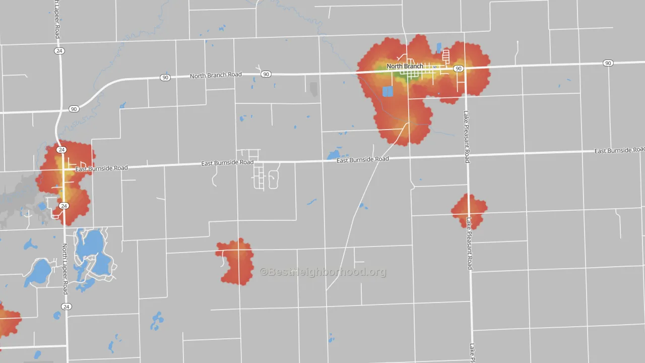 Walk Grade map of 48461, MI, walkable areas in green and car-dependent areas in red