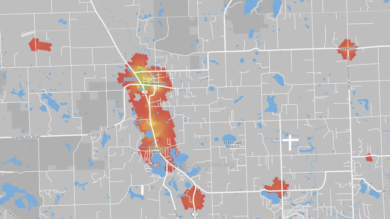Walk Grade map of 48462, MI, walkable areas in green and car-dependent areas in red