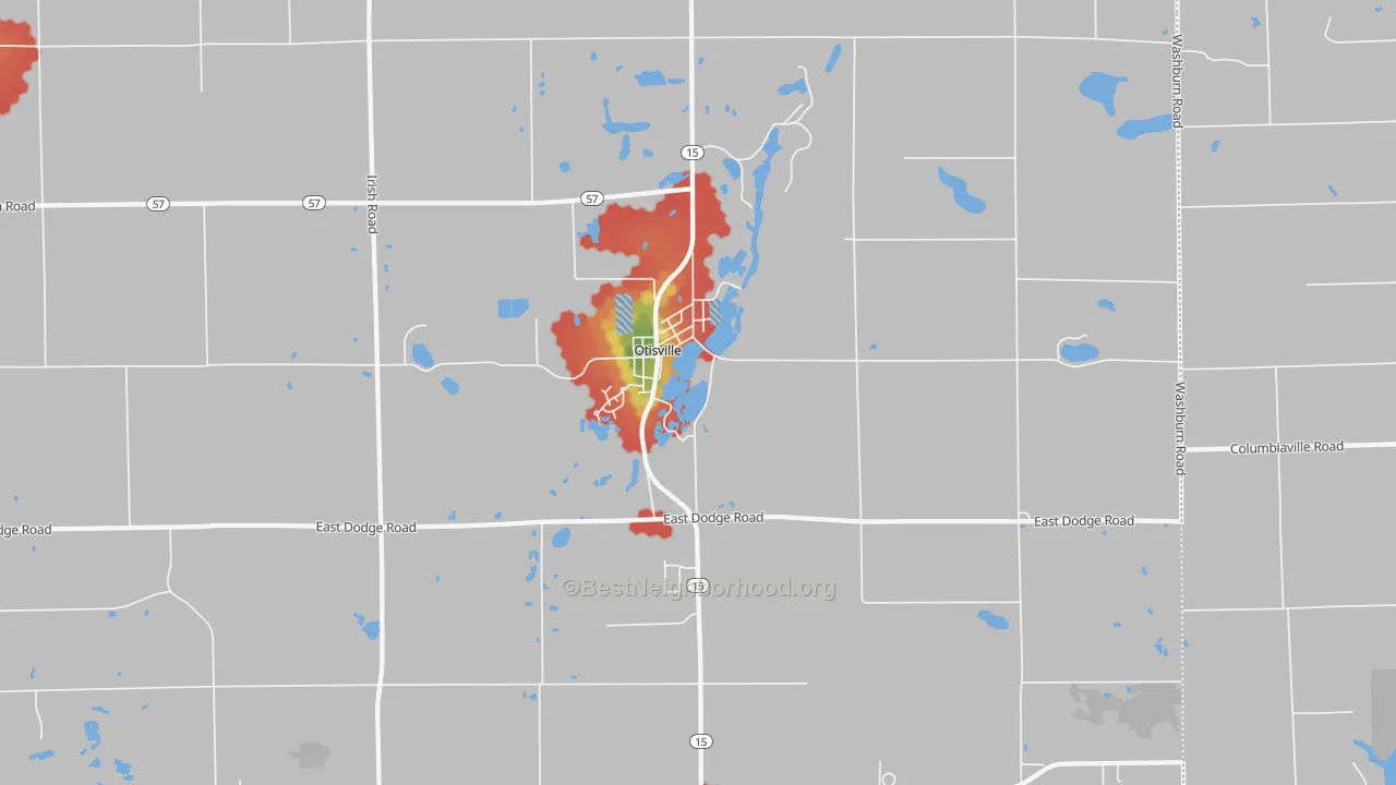 Walk Grade map of 48463, MI, walkable areas in green and car-dependent areas in red