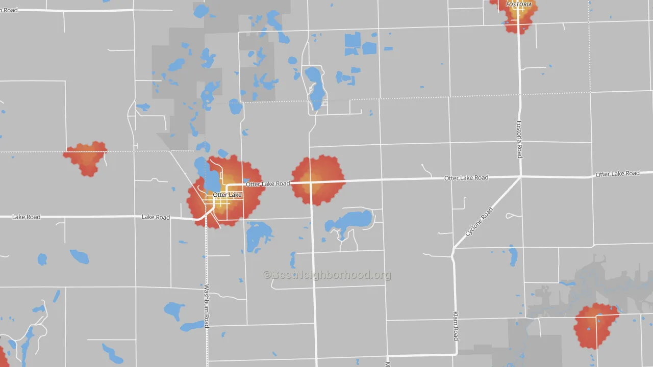Walk Grade map of 48464, MI, walkable areas in green and car-dependent areas in red