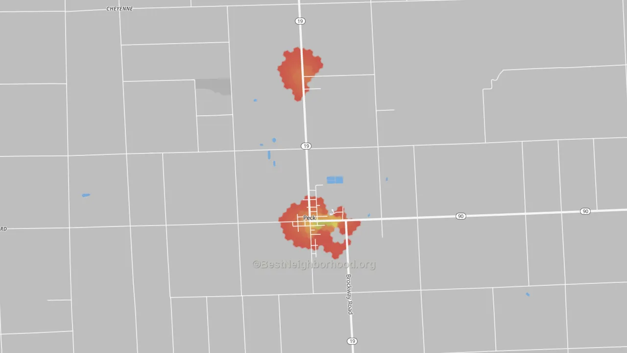 Walk Grade map of 48466, MI, walkable areas in green and car-dependent areas in red