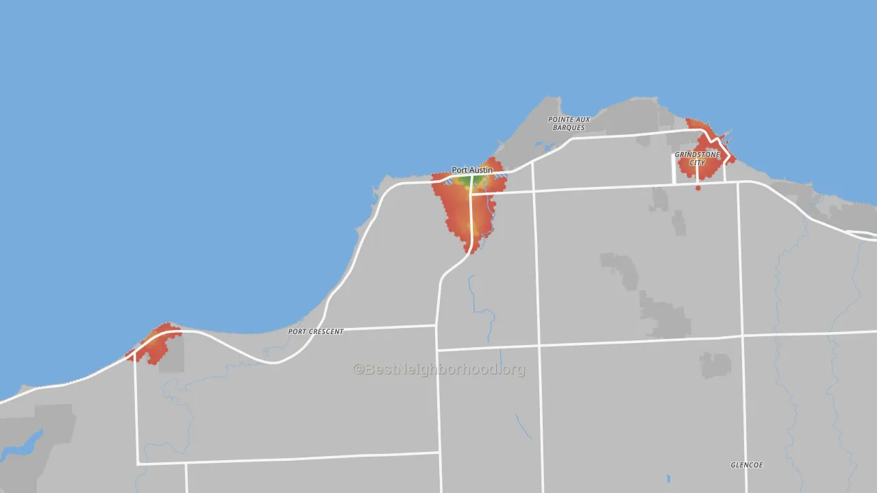 Walk Grade map of 48467, MI, walkable areas in green and car-dependent areas in red
