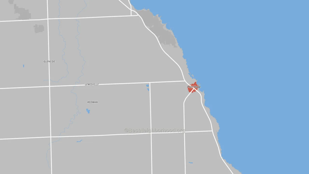 Walk Grade map of 48468, MI, walkable areas in green and car-dependent areas in red