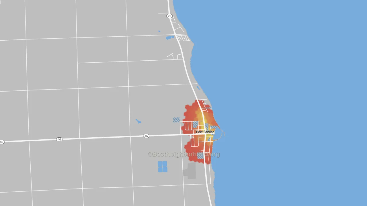Walk Grade map of 48469, MI, walkable areas in green and car-dependent areas in red