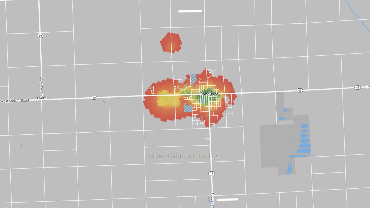 Walk Grade map of 48471, MI, walkable areas in green and car-dependent areas in red