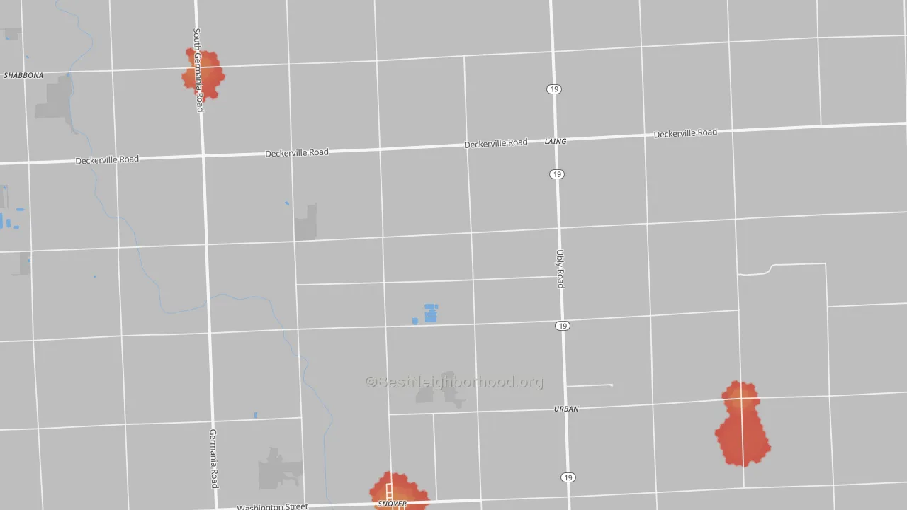 Walk Grade map of 48472, MI, walkable areas in green and car-dependent areas in red