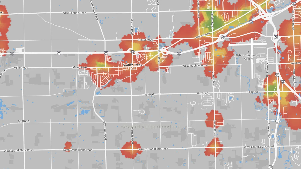 Walk Grade map of 48473, MI, walkable areas in green and car-dependent areas in red