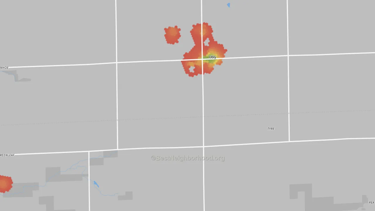 Walk Grade map of 48475, MI, walkable areas in green and car-dependent areas in red