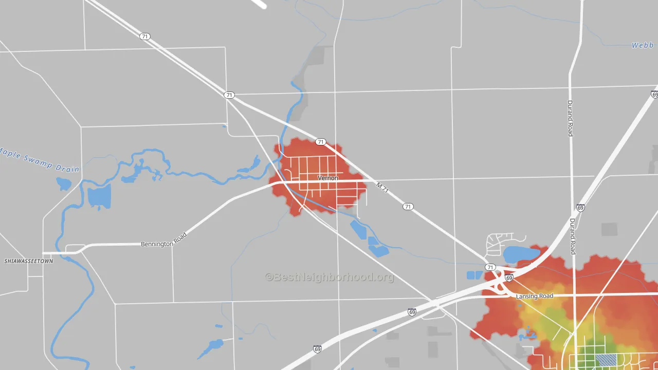 Walk Grade map of 48476, MI, walkable areas in green and car-dependent areas in red