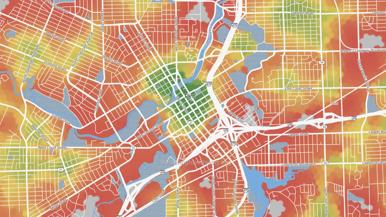 Walk Grade map of 48502, MI, walkable areas in green and car-dependent areas in red
