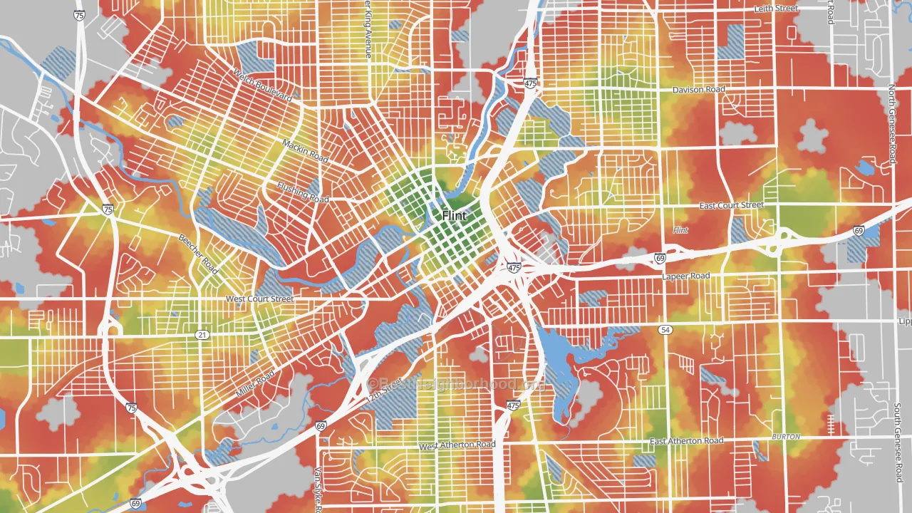Walk Grade map of 48503, MI, walkable areas in green and car-dependent areas in red