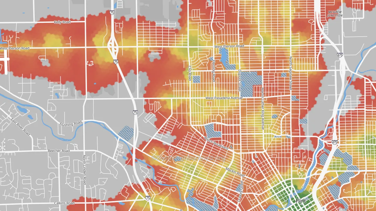 Walk Grade map of 48504, MI, walkable areas in green and car-dependent areas in red