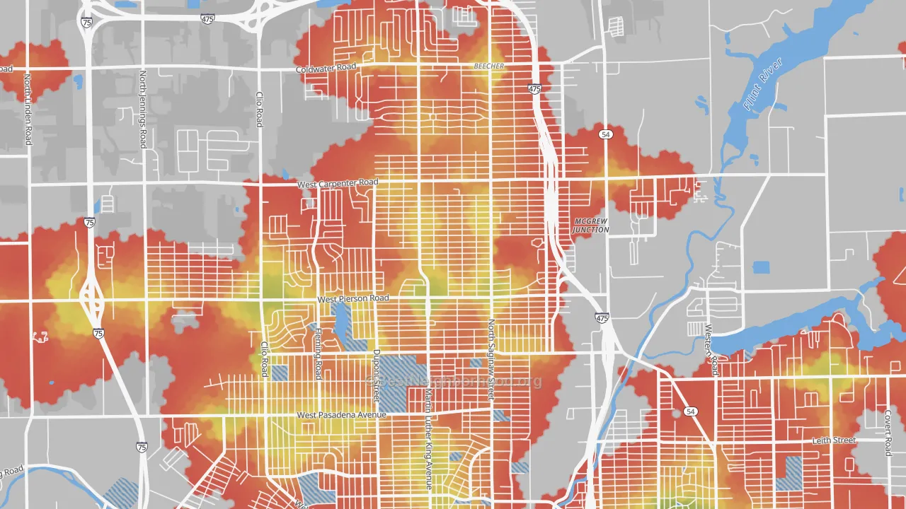 Walk Grade map of 48505, MI, walkable areas in green and car-dependent areas in red