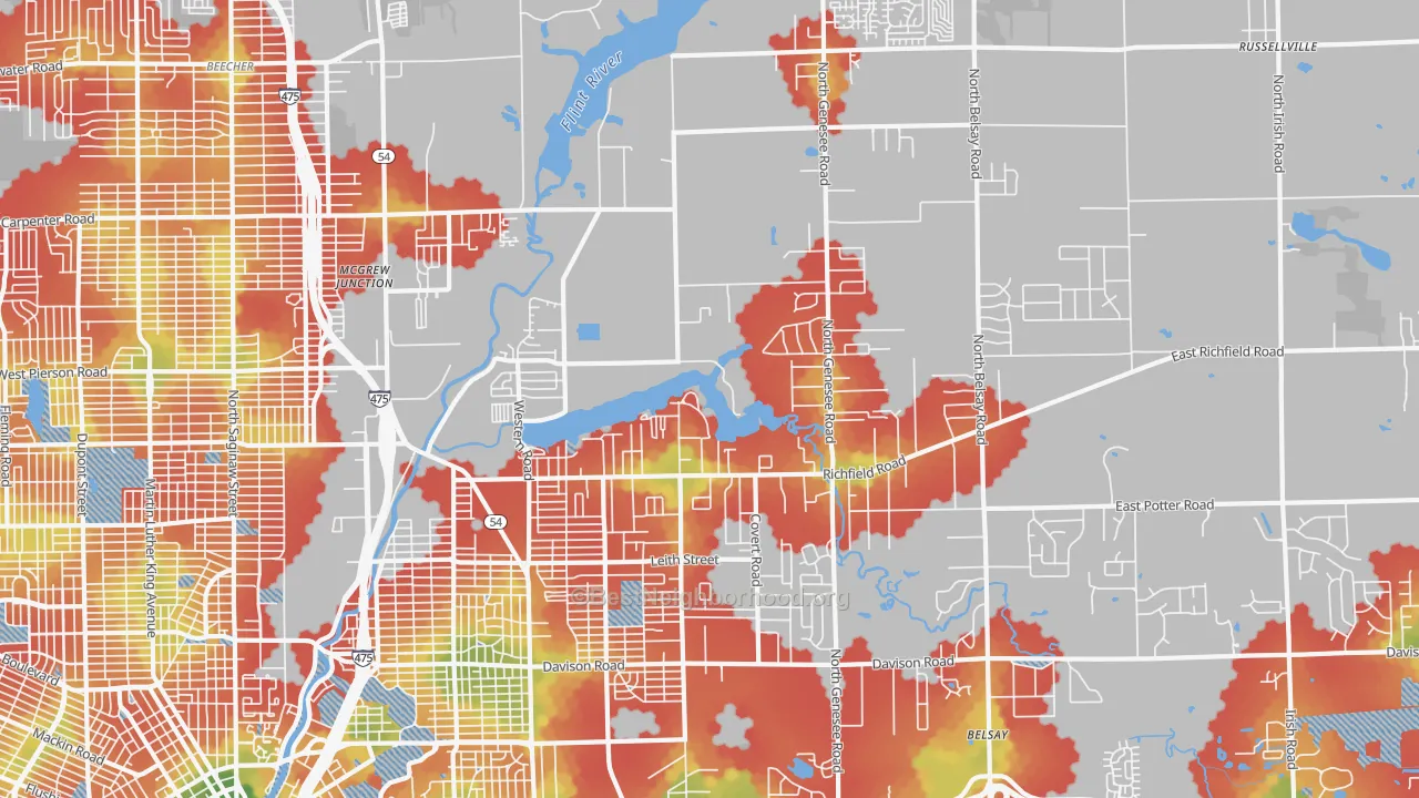 Walk Grade map of 48506, MI, walkable areas in green and car-dependent areas in red