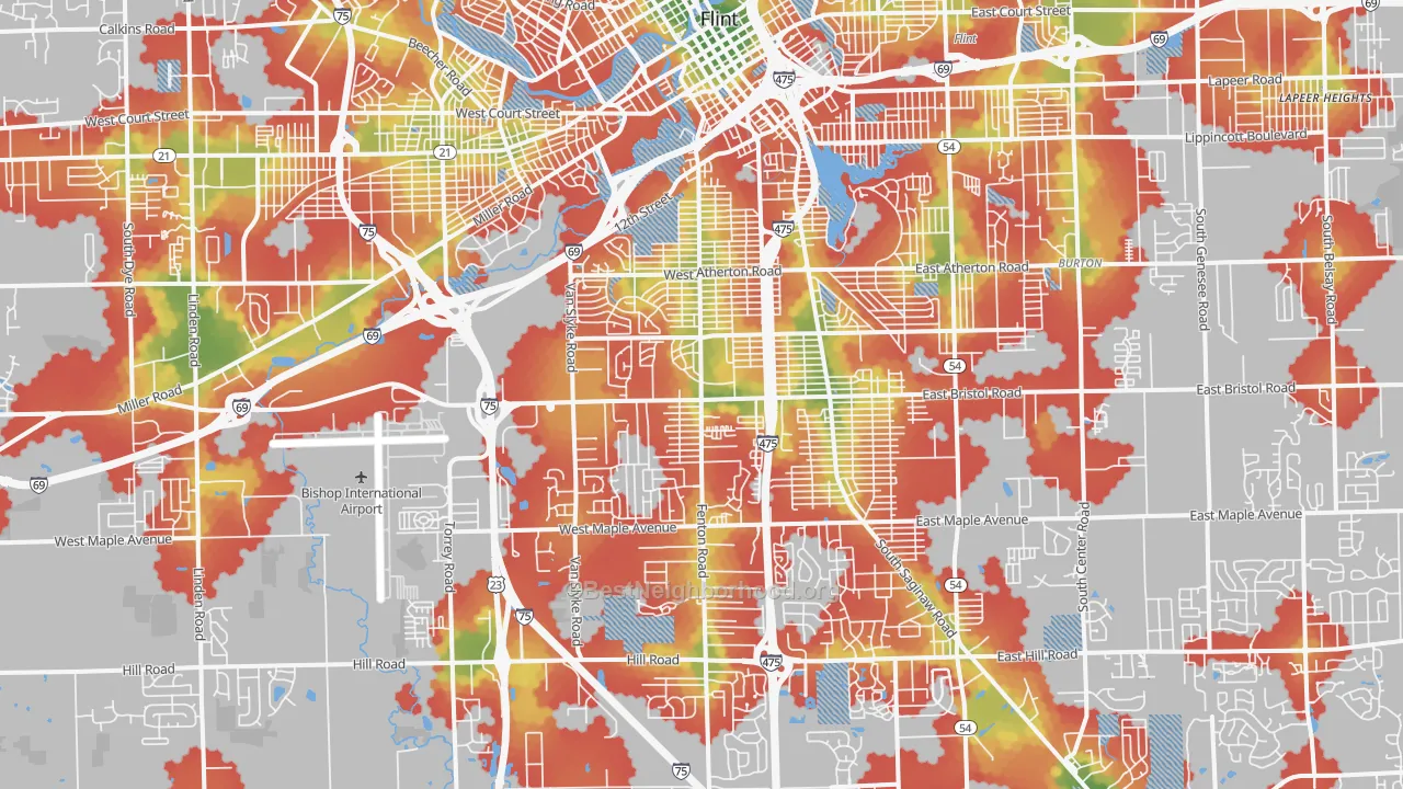 Walk Grade map of 48507, MI, walkable areas in green and car-dependent areas in red