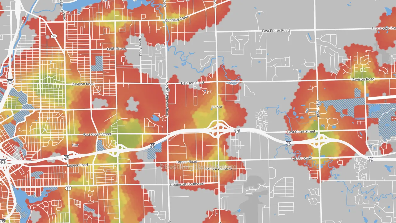 Walk Grade map of 48509, MI, walkable areas in green and car-dependent areas in red