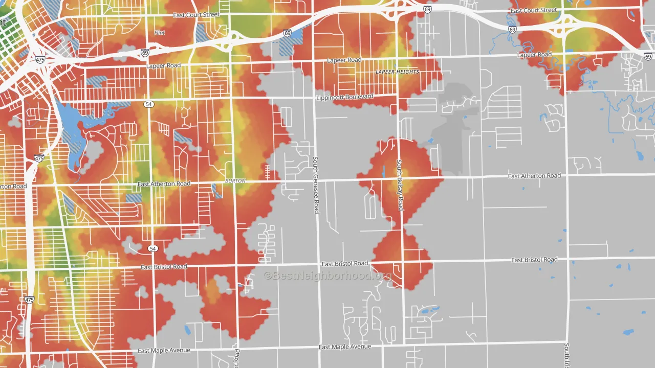 Walk Grade map of 48519, MI, walkable areas in green and car-dependent areas in red