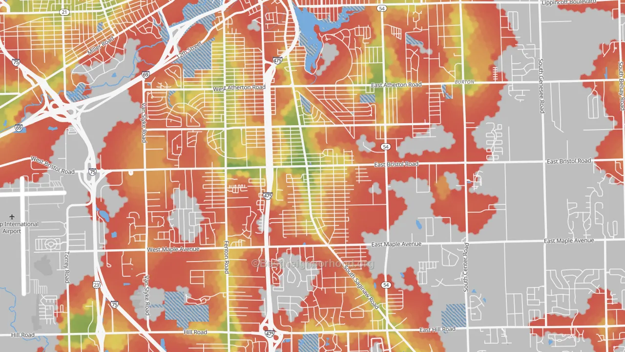 Walk Grade map of 48529, MI, walkable areas in green and car-dependent areas in red