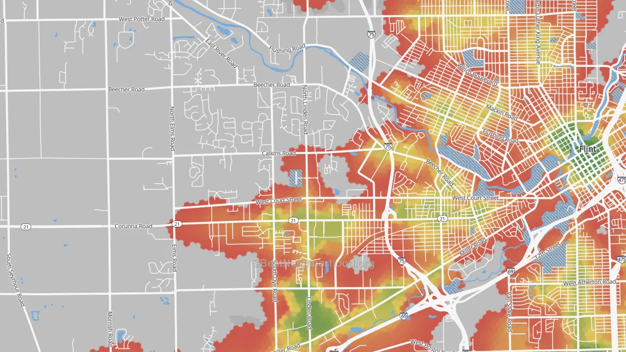 Walk Grade map of 48532, MI, walkable areas in green and car-dependent areas in red