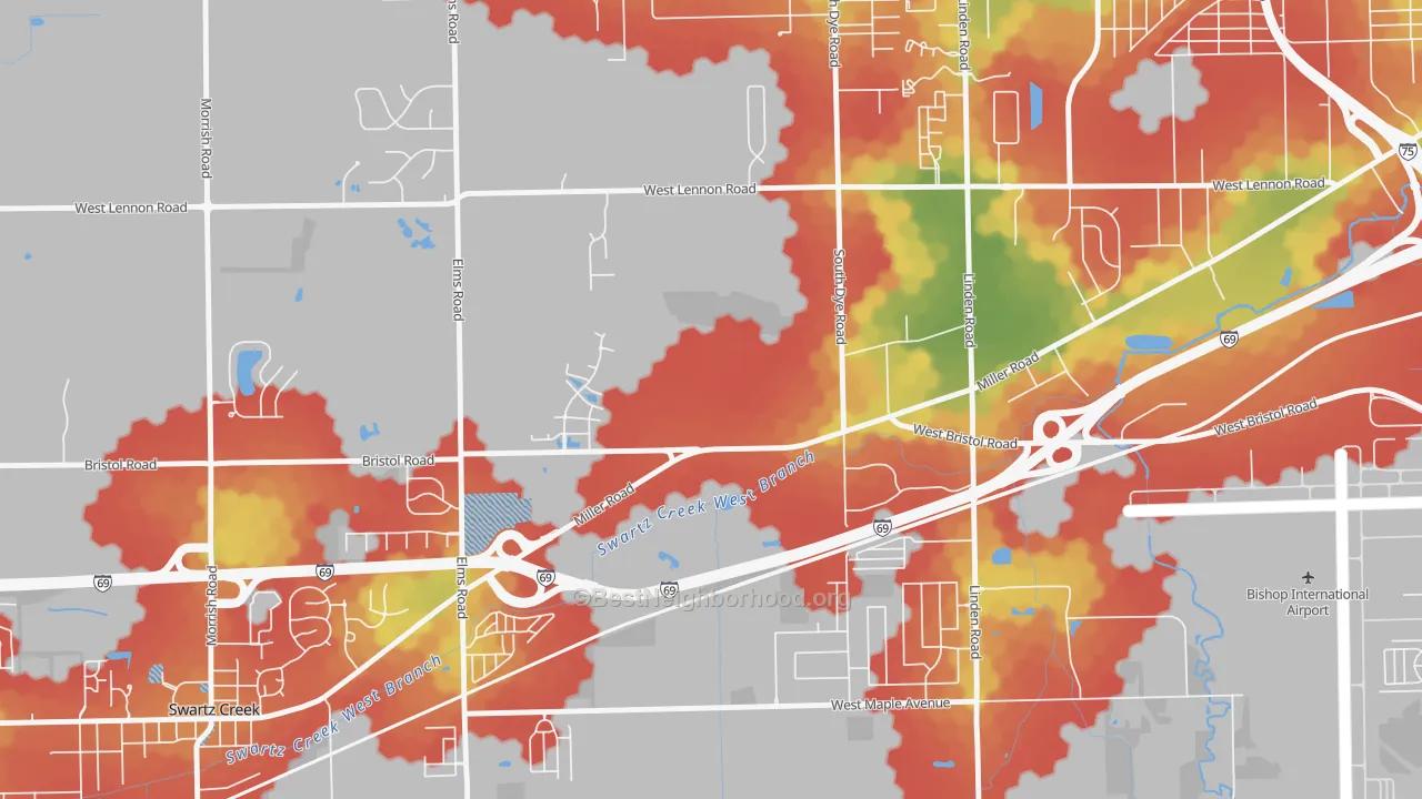 Walk Grade map of 48554, MI, walkable areas in green and car-dependent areas in red