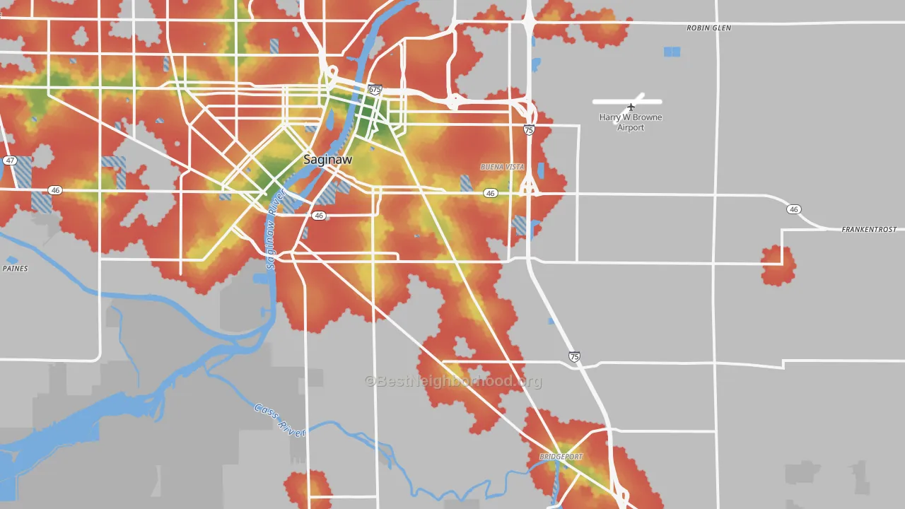 Walk Grade map of 48601, MI, walkable areas in green and car-dependent areas in red