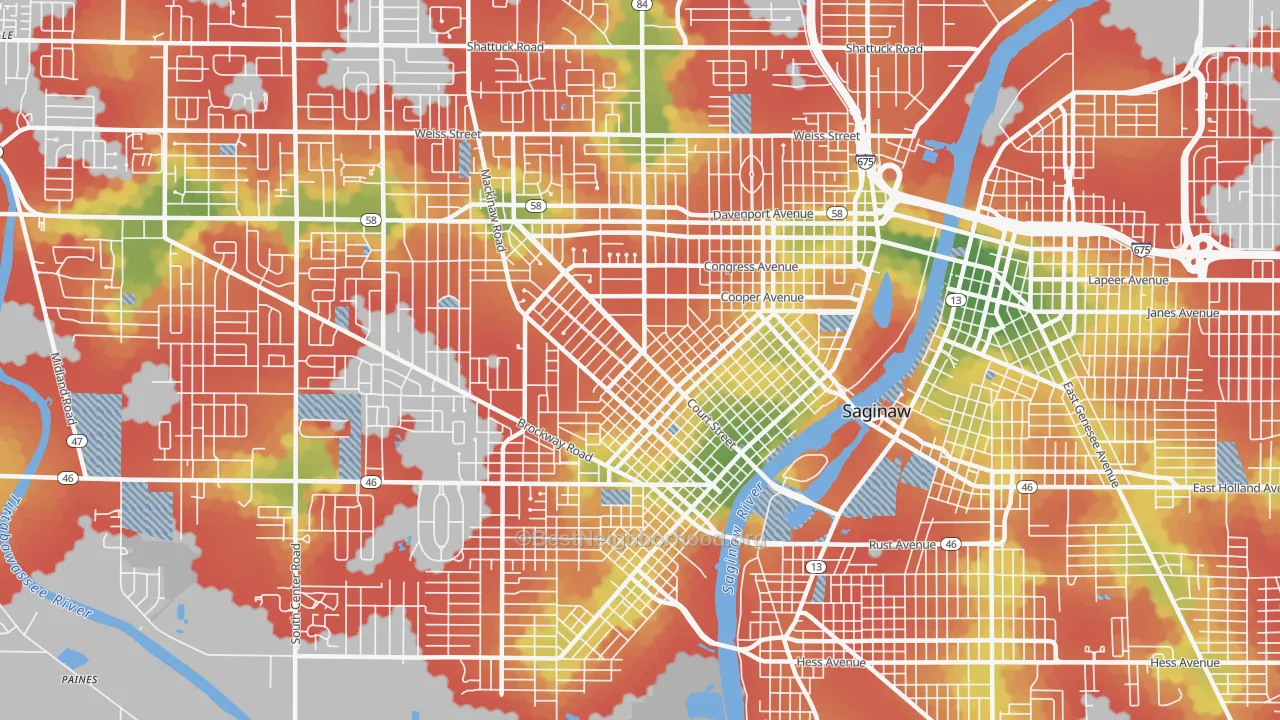 Walk Grade map of 48602, MI, walkable areas in green and car-dependent areas in red