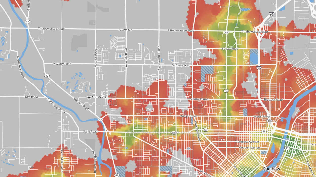 Walk Grade map of 48603, MI, walkable areas in green and car-dependent areas in red