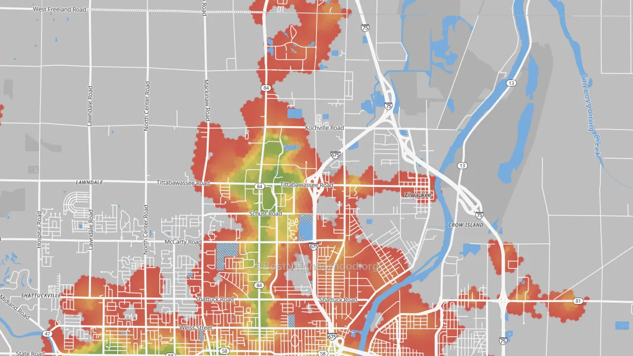 Walk Grade map of 48604, MI, walkable areas in green and car-dependent areas in red