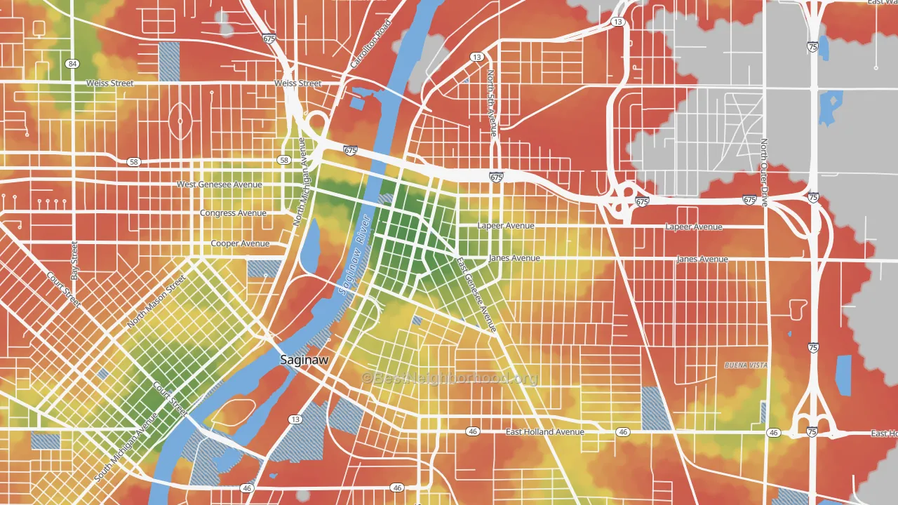 Walk Grade map of 48607, MI, walkable areas in green and car-dependent areas in red