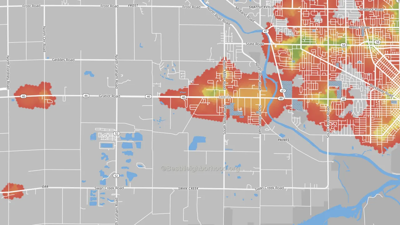 Walk Grade map of 48609, MI, walkable areas in green and car-dependent areas in red