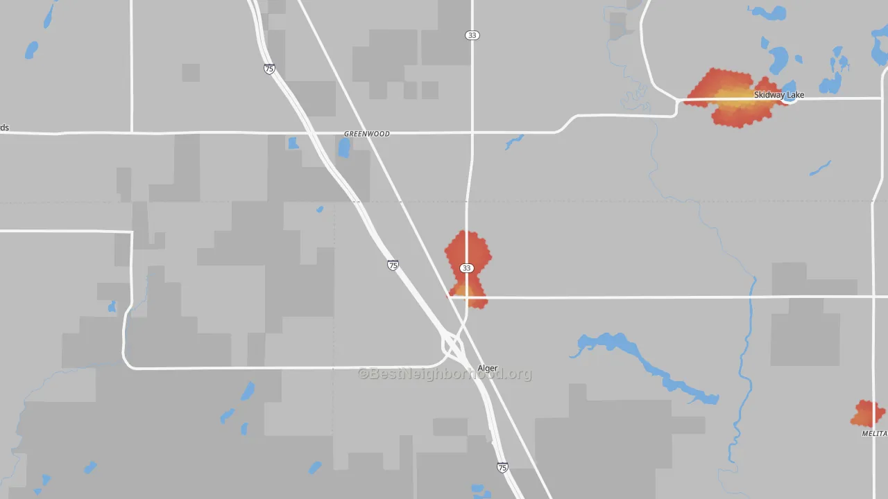 Walk Grade map of 48610, MI, walkable areas in green and car-dependent areas in red