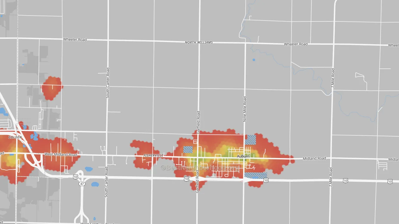 Walk Grade map of 48611, MI, walkable areas in green and car-dependent areas in red