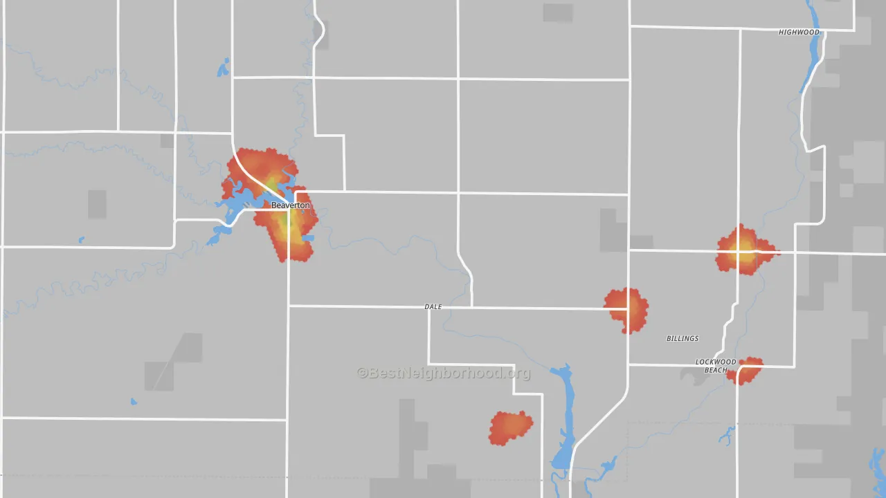 Walk Grade map of 48612, MI, walkable areas in green and car-dependent areas in red