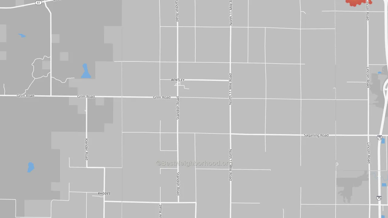 Walk Grade map of 48613, MI, walkable areas in green and car-dependent areas in red