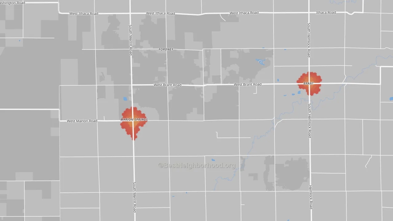 Walk Grade map of 48614, MI, walkable areas in green and car-dependent areas in red