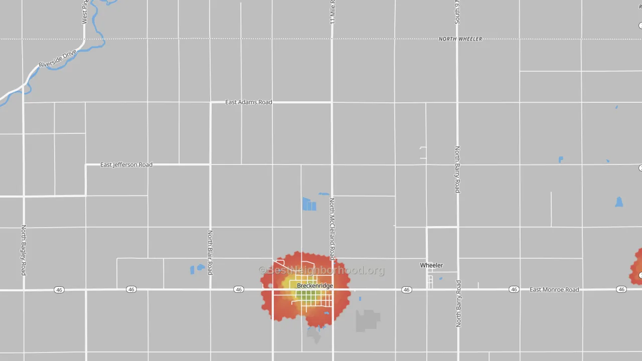 Walk Grade map of 48615, MI, walkable areas in green and car-dependent areas in red