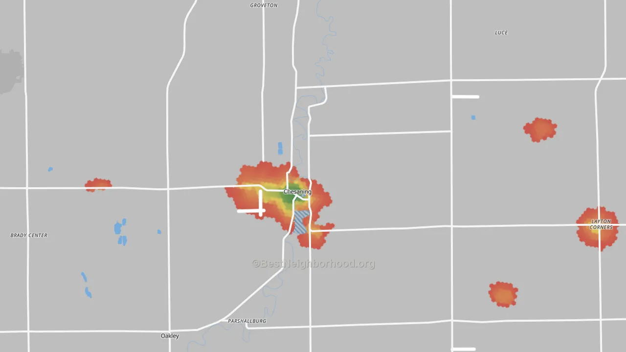Walk Grade map of 48616, MI, walkable areas in green and car-dependent areas in red