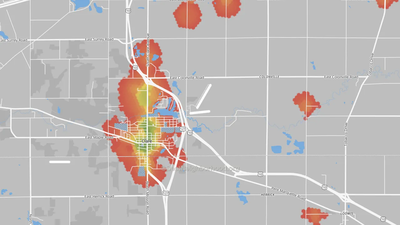 Walk Grade map of 48617, MI, walkable areas in green and car-dependent areas in red