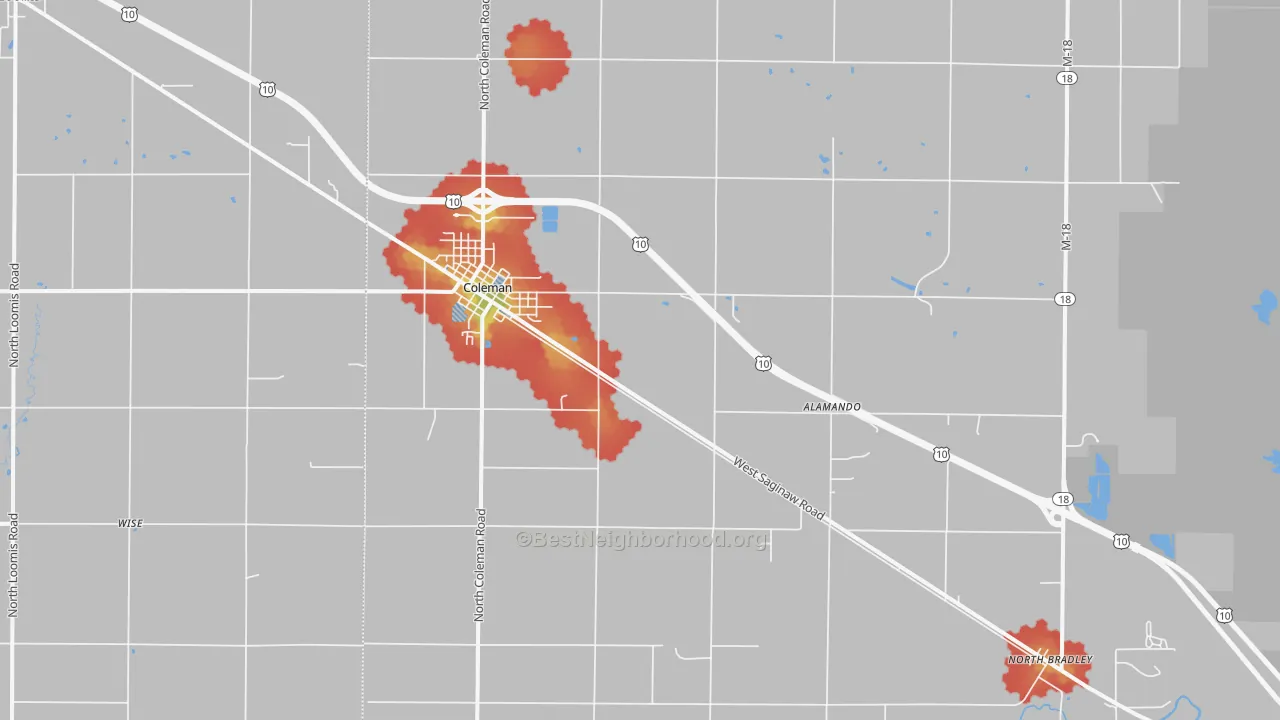 Walk Grade map of 48618, MI, walkable areas in green and car-dependent areas in red