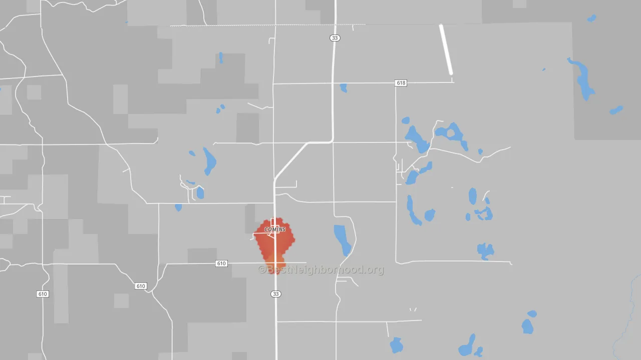 Walk Grade map of 48619, MI, walkable areas in green and car-dependent areas in red