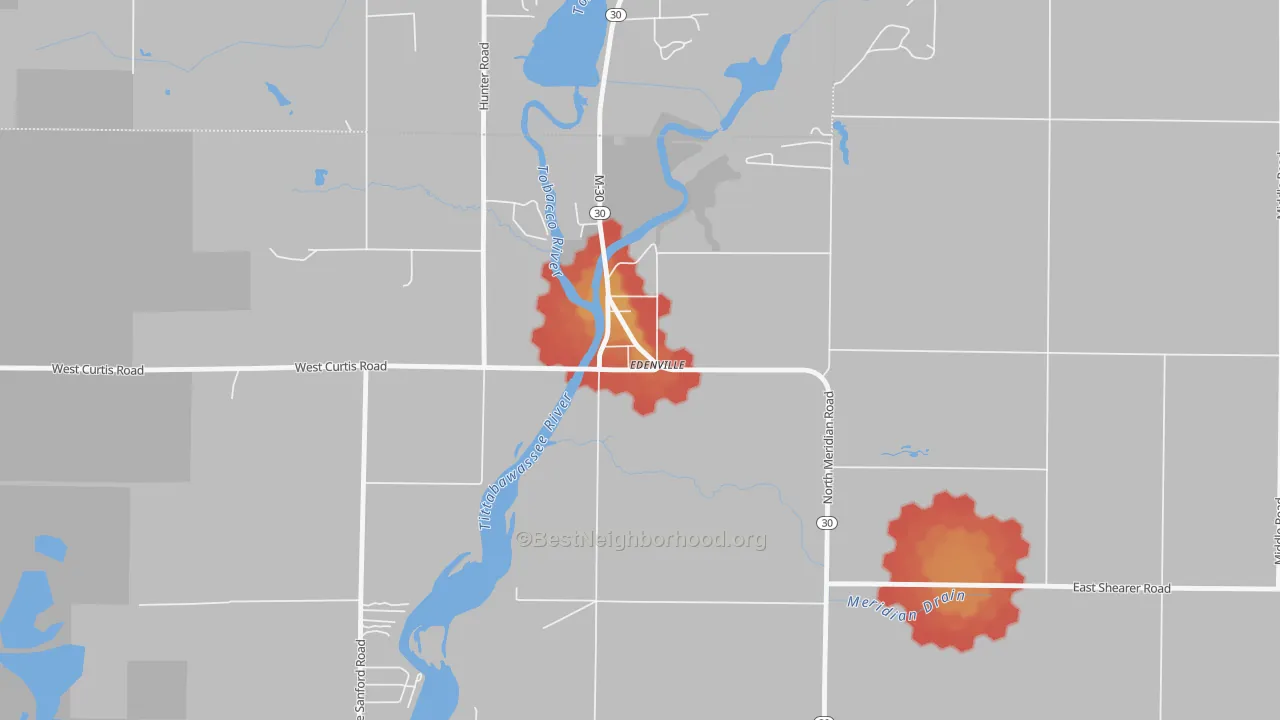 Walk Grade map of 48620, MI, walkable areas in green and car-dependent areas in red