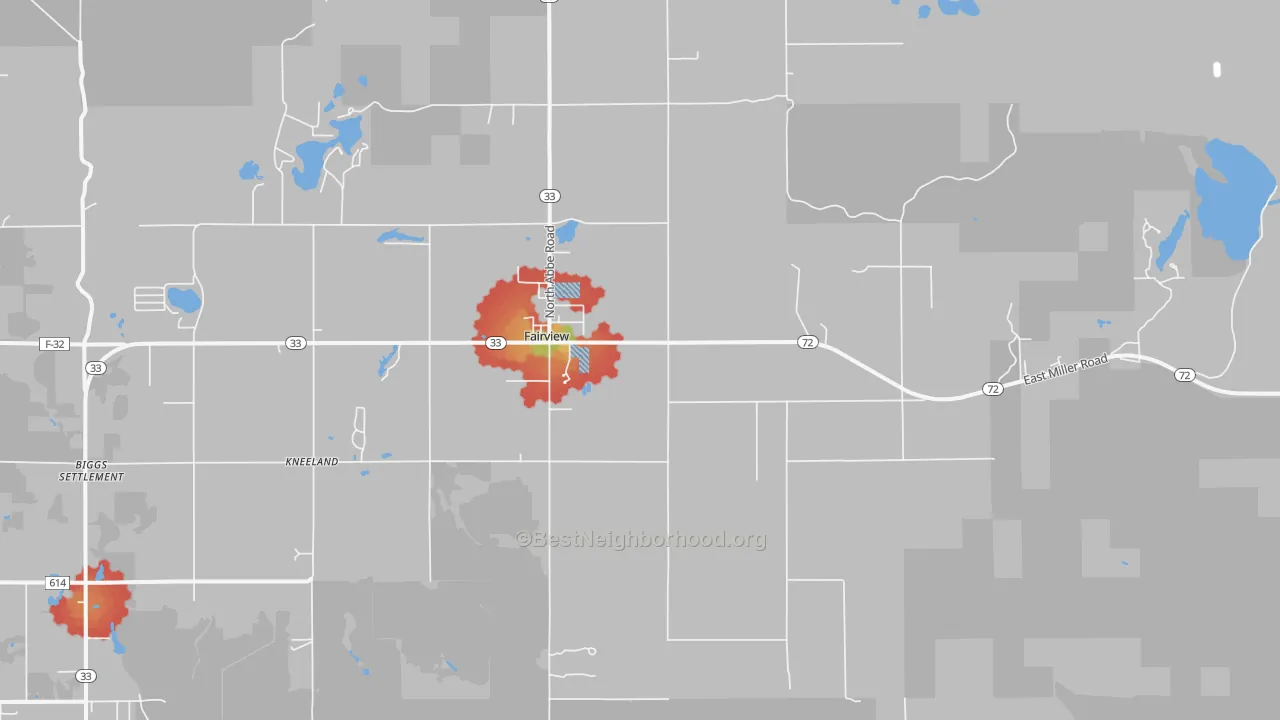 Walk Grade map of 48621, MI, walkable areas in green and car-dependent areas in red