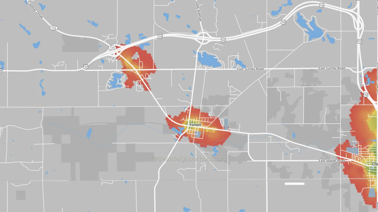 Walk Grade map of 48622, MI, walkable areas in green and car-dependent areas in red