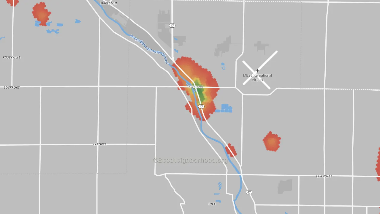 Walk Grade map of 48623, MI, walkable areas in green and car-dependent areas in red