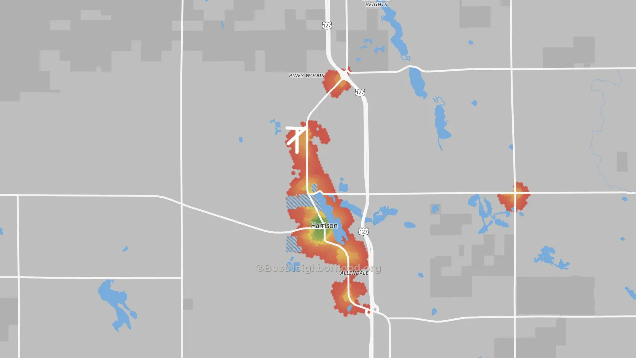 Walk Grade map of 48625, MI, walkable areas in green and car-dependent areas in red
