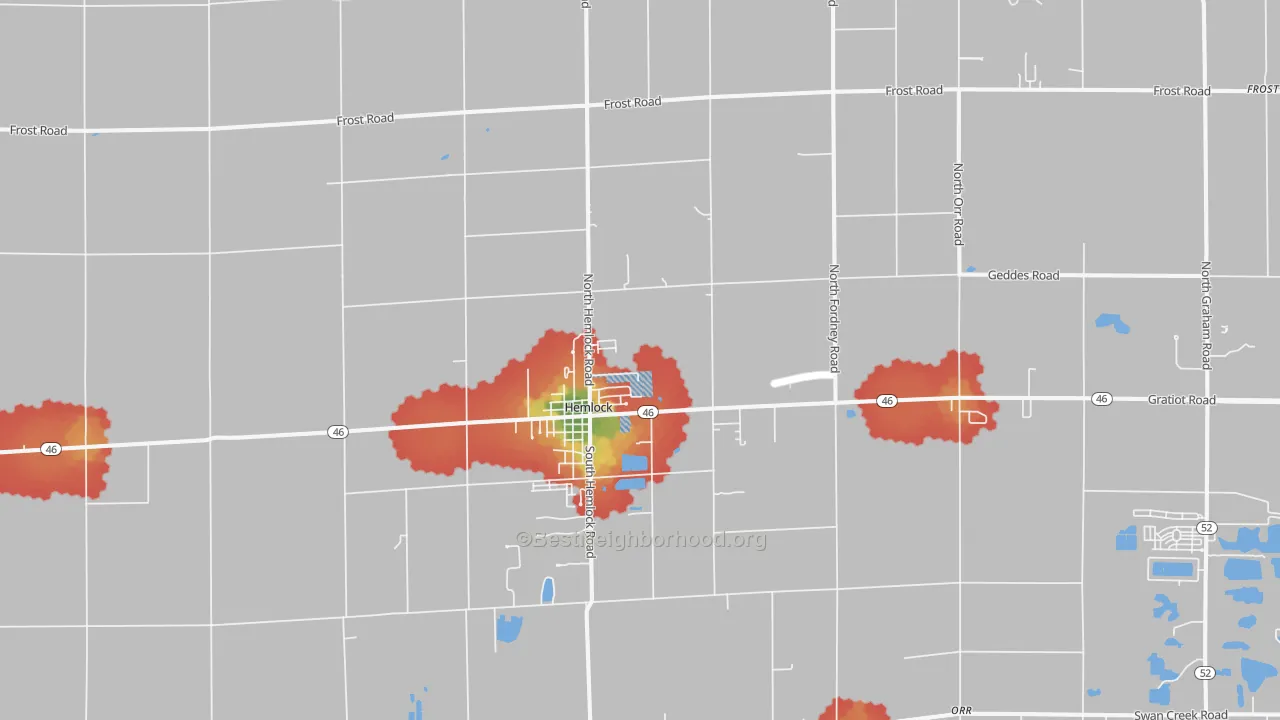 Walk Grade map of 48626, MI, walkable areas in green and car-dependent areas in red